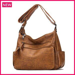 Soft PU Leather Crossbody Shoulder Bag Multi Pocket Hobo Tote